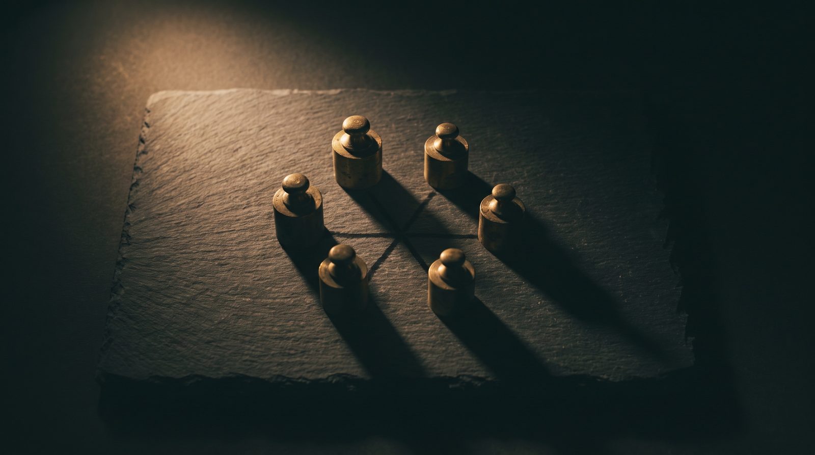 Six small brass weights arranged in a ring on black slate, their long shadows crossing at the centre.