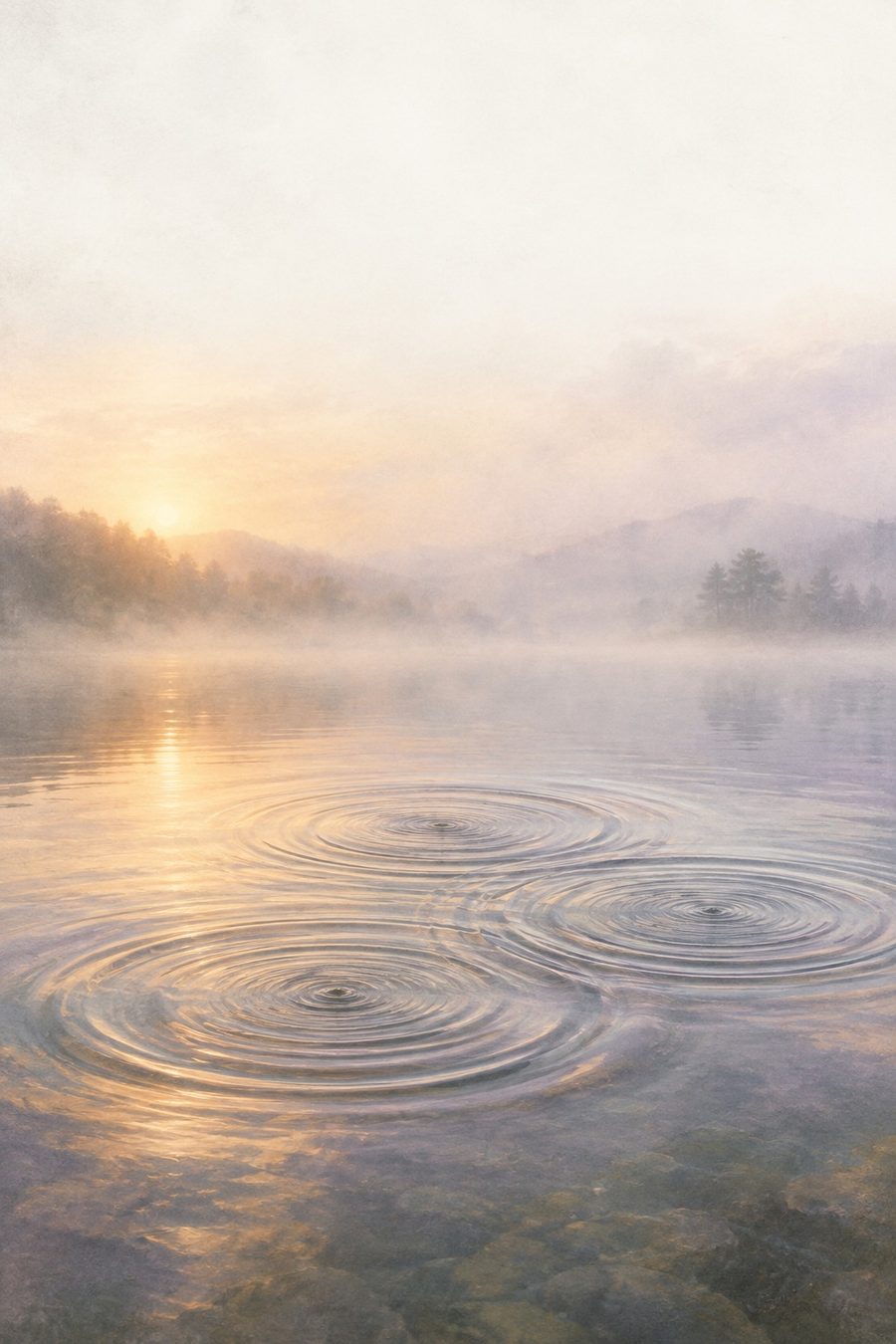 A steel tuning fork beside a half-full glass of water, rings still moving on the surface.