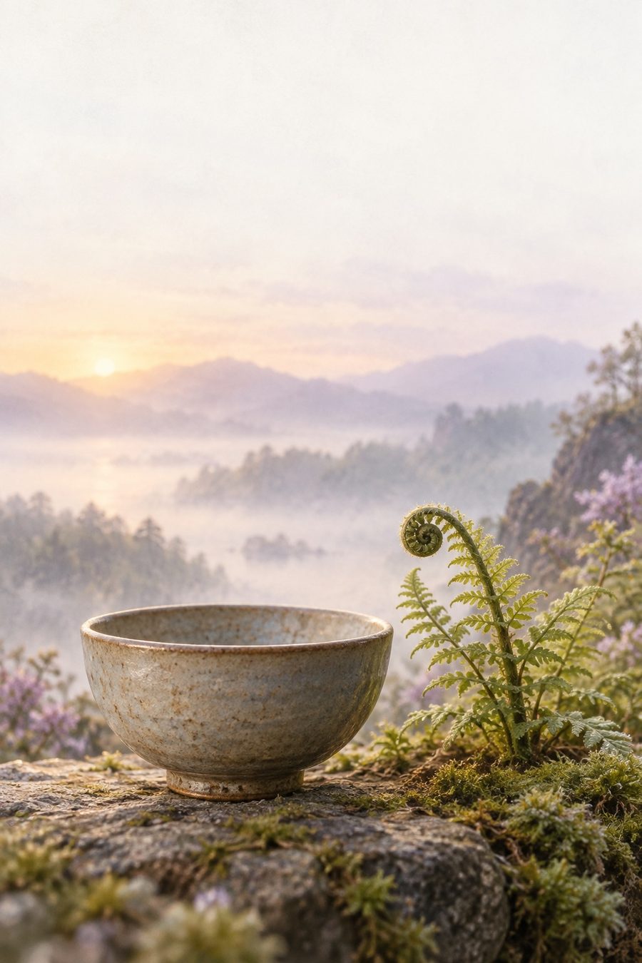 A stone mortar and pestle with dried leaves and a cup of tea gone cold.